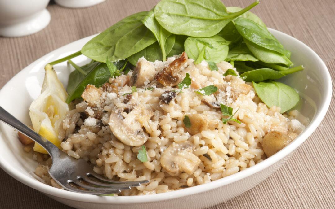 Spinach, mushroom and lemon Risotto in a bowl